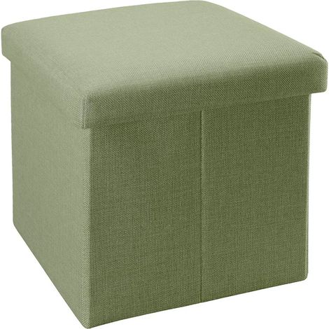 Pouf pliable Intirilife 38x38x38 cm vert printemps - Cube de rangement avec couvercle en tissu aspect lin - Repose-pieds, coffre de rangement, commode, banc (1/5)