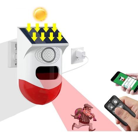 Solarbetriebene Blitzlicht-Alarmsirene für den Außenbereich – 120 dB Alarmton – 9–12 m Erfassungsbereich mit Fernbedienung – Wasserdicht gemäß IP67 (1/5)