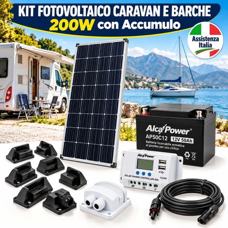 Kit Fotovoltaico per Caravan e Barche AlcaPower 200W con Accumulo Batteria 12V 50Ah professionale