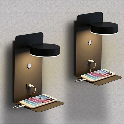2 Pack Applique Murale Intérieur LED avec port USB 12W Tricolore Dimmable Lampe Murale moderne avec interrupteur Lampe De Lecture murale Rotatif 330° lampe de chevet éclairage Veilleuse,Noir