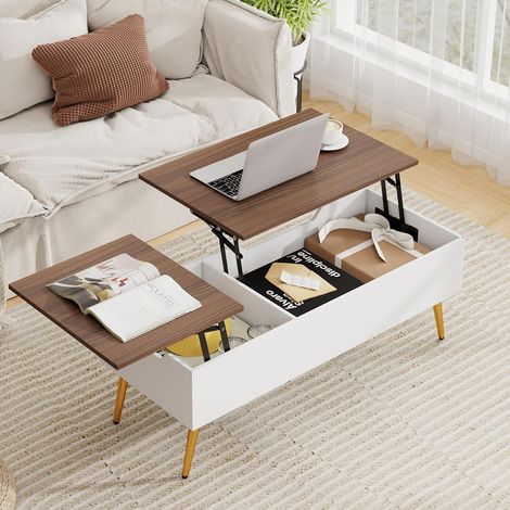 GOPLUS Table Basse Relevable avec Rangement, Table de Salon Plateau Relevable avec Compartiments Cachés et 2 Plateaux Relevables, pour Bureau,111 x 48 x 40-53,5 cm (Blanc+Noyer) (1/5)