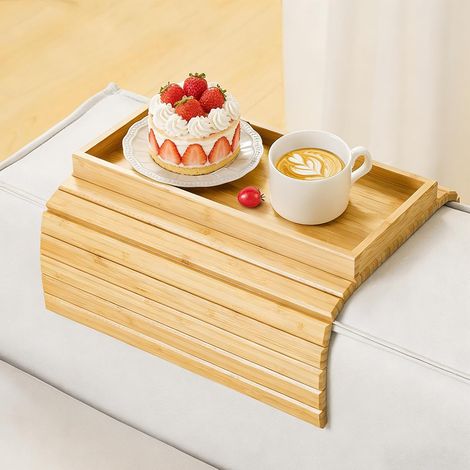 Living Room Sofa End Table, Bamboo Armrest Tray, Folding Clip-On Sofa Armrest Tray Table, Sofa Cup Holder for Snacks and Cups (1/5)