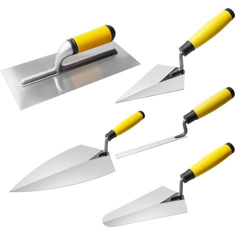 Truelle 5 pièces, truelles de maçon en acier inoxydable, truelle Pointue, truelle de jauge avec manche en caoutchouc, outil de stucage pour masses de plâtre, béton (1/5)