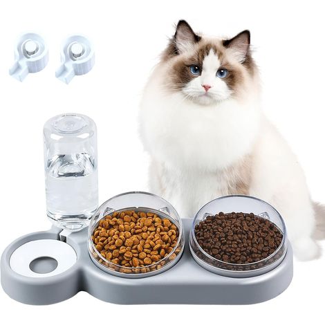 Gamelle pour chat, gamelle pour chat inclinable à 15°, 3 en 1 avec stockage d'eau automatique, adaptée aux chats et chiots (gris) (1/5)