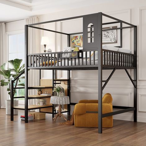 Lit mezzanine en métal, lit double 140x200cm, lit mezzanine multifonctionnel, avec cadre supérieur et échelle de sécurité, pour jeunes, adultes, noir (1/5)