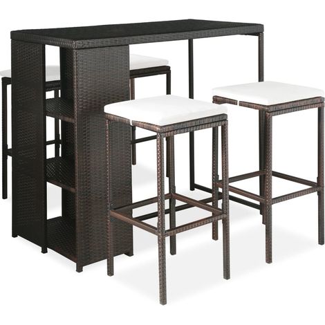Meuble de bar de jardin 5 pcs et coussins Résine tressée Marron 5 (1/5)