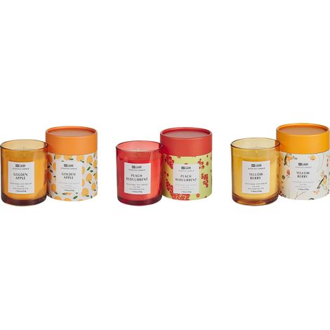Conjunto de 3 velas aromáticas 100% cera de soja mecha de algodón vidrio floral oriental fragancia de hierbas melocotón grosella roja/baya amarilla/manzana golden COLORFUL BARREL