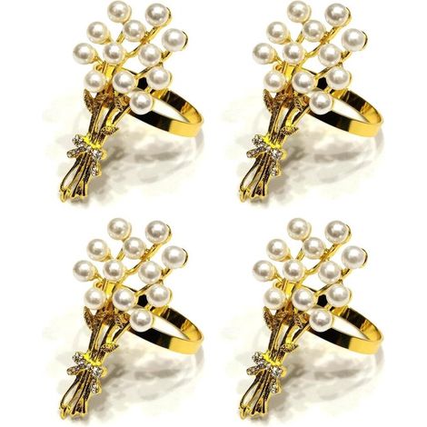 Set di 4 anelli portatovaglioli con perle e fibbie dorate, ideali per festività, matrimoni e decorazioni da tavola. (1/5)