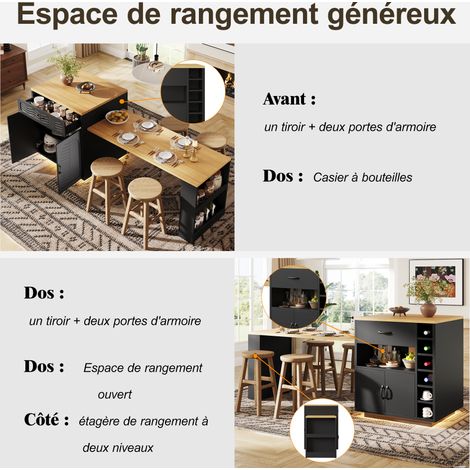 Comptoir de cuisine / Meuble de rangement pour la cuisine / Meuble à disposition des plats / Bande lumineuse LED. Plateau fixe servant à servir les plats. 2 tiroirs, 4 portes. Couleur noire/blanche. (1/5)