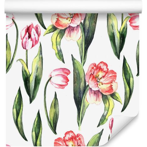 Papel pintado con tulipanes en flor para salón y dormitorio, 50x1000 cm. (1/5)