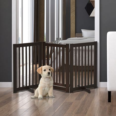 Portail autoportant pour chien avec pieds 155x76 cm, brun foncé, couloir, cuisine, portes, pour escaliers, 3 panneaux en bois pliants