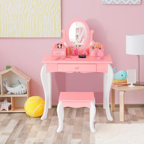 COSTWAY Kinder Schminktisch mit Hocker, Prinzessin Frisiertisch mit 3 Schublade & 360 ° drehbarem Spiegel, Frisierkommode rosa, Schminkkommode für Maedchen (1/5)