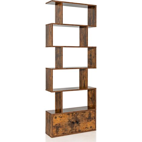 Bibliothèque marron 6 niveaux en bois d'ingénierie avec étagères ouvertes et meuble à portes, pour salon chambre et bureau (1/5)