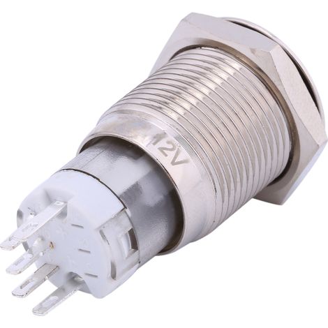 Interrupteur à bouton-poussoir étanche à LED blanche de 16 mm avec symbole d'alimentation (laiton nickelé, autobloquant). (1/4)