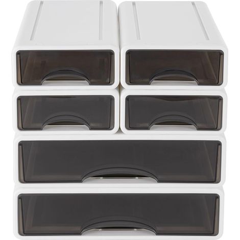 Lot de 6 Organiseurs bureau en plastique avec tiroirs, Boîtes Rangement Empilable à Volonté, 25P x 34L 33H cm, Pour Documents, Fournitures bureau, Clés, Crayons (Blanc) Blanc - (1/5)