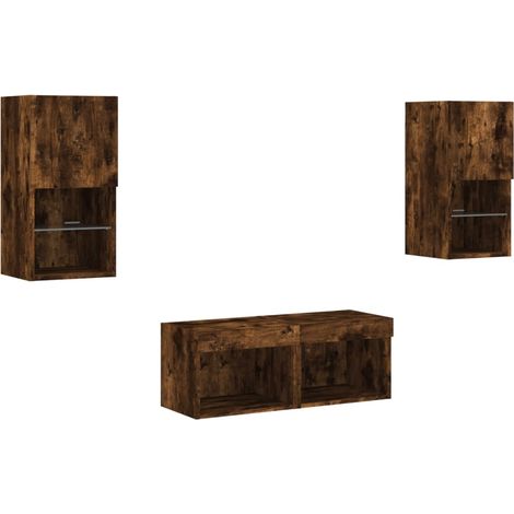 Mobile TV multimediale scaffale TV credenza TV sala da pranzo soggiorno camera da letto montaggio a parete x 4 pezzi con luci LED rovere affumicato marrone 020028219