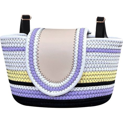 Panier de vélo tressé Boho avec rabat (lilas, jaune et blanc) – Panier de vélo universel élégant avec ceintures renforcées