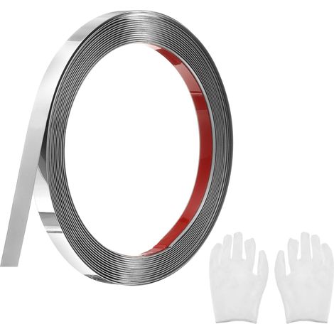 Baguette de Moulure en Acier Inoxydable Auto-Adhésive, Argent Miroir à Coller et à Coller avec Gant, Moulure Décorative pour Miroir Mural, 0,4 Pouce x 16,4 Pieds (1/5)