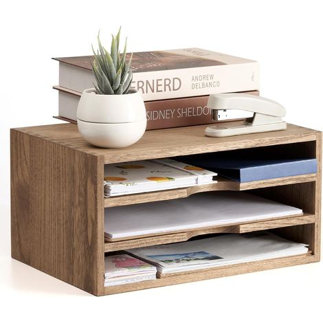 Organisateur de Bureau en Bois Classeur de Dossiers, Papier, Courrier et Magazines Jaune-Brun (1/5)