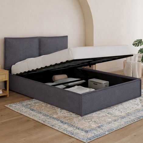 PILOU cama doble arcón con cabecero, almohada y somier 140 x 190 cm tejido gris antracita