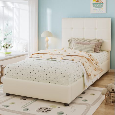Letto bimbo 90x200 cm in PU beige con testiera, per camerette, senza materasso – MEUBLIV (1/5)