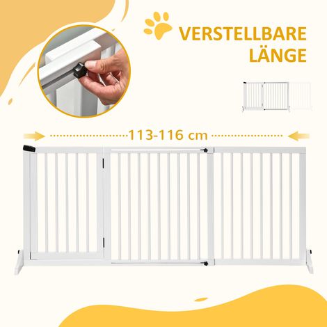 Barrière pour chien autoportante réglable à pieds, 113-166 x 71 cm, bois, idéale pour porte, escalier, cuisine et couloir. 3 panneaux, blanc. (1/4)