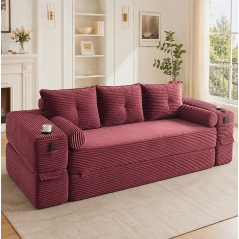 Divano letto 232x98x80 cm, multifunzione con tasche laterali, portabicchieri, memory foam, velluto a coste bordeaux (1/5)