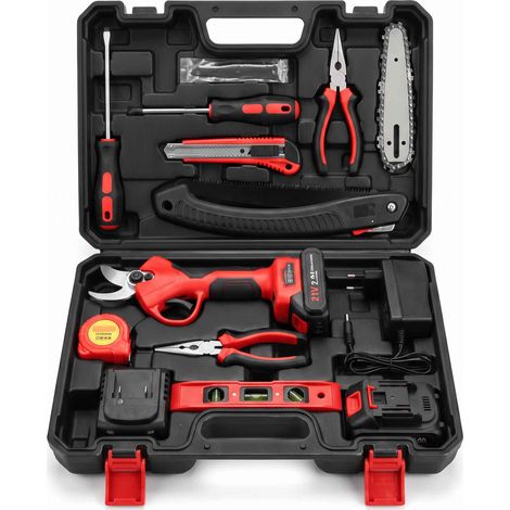 Sécateur électrique sans fil 21V avec coffret d'outils de jardinage 12 pièces et scie (1/5)
