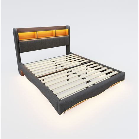 Schwebendes gepolstertes Bett 160x200 grau mit LED, USB, USB-C und Stauraum (1/5)