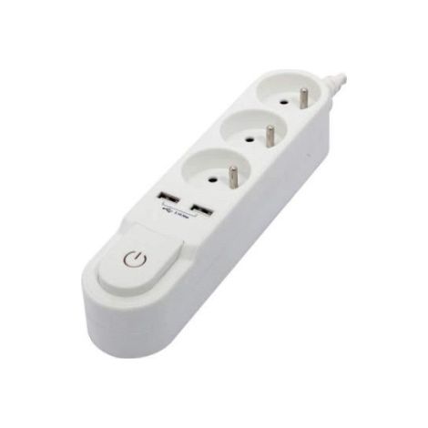 CHACON Bloc multiprise avec interrupteur 3 prises 16 A et 2 sorties USB 2 A, câble 1,5 m blanc (1/3)