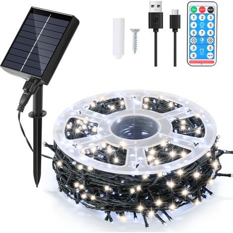 Jiubiaz Luci Solari da Esterno 100 m 1000 LED, Catena Luminosa Impermeabile 8 Modalità per Natale, Giardino e Terrazza, Bianco Freddo (1/5)