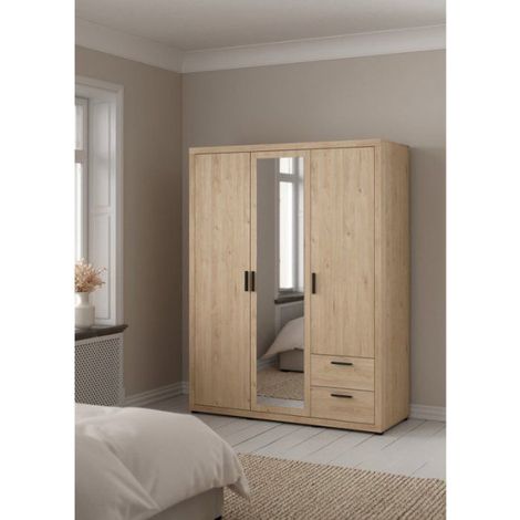 Armoire de chambre - MIRA - Chêne - 3 portes dont 1 avec miroir - 2 tiroirs - 153,6 x 59,8 x 200,9 cm (1/5)