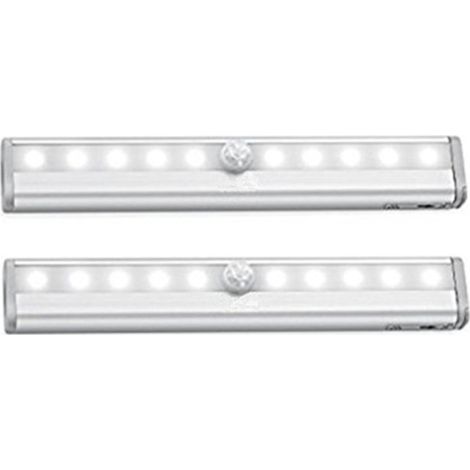 lot de 2 veilleuses LED avec détecteur de mouvement, éclairage armoire placard vitrine, réglette LED, auto-adhésif, alimentation par piles AAA (non fournies), finition aluminium (1/5)