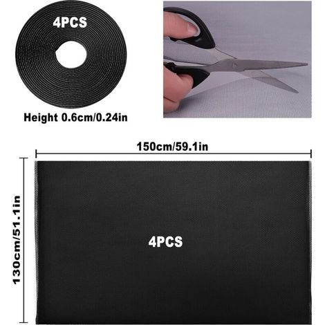 4 Pcs Moustiquaire Fenetre, Moustiquaire pour fenêtre, Toile Moustiquaire Découpable avec 4 rouleaux de bandes autocollantes, Filet Écran Insecte (Noir)130x150cm