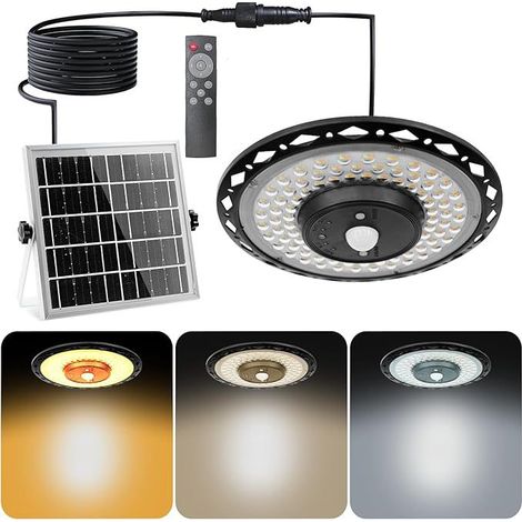Lampe Solaire Interieur Extérieur 3000LM, 5 Modes Détecteur de Mouvement, 3 Températures de Couleur Lumiere Solaire Exterieur Batterie Pour Chemin Jardin Pergola Garage [Classe énergétique A+++]