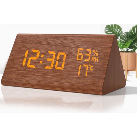Réveil Numérique en Bois, Reveil Bois avec 3 Réglages d'Alarme, LED Réveil Électronique avec Heure et Température, Contrôle du Sonore, Fonction Snooze, pour Bureau de Chambre (Rouge-Marron) (1/5)