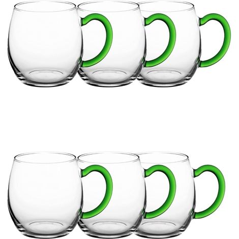 Lot de 6 verres à vin avec anse verte 250 ml, gradués
