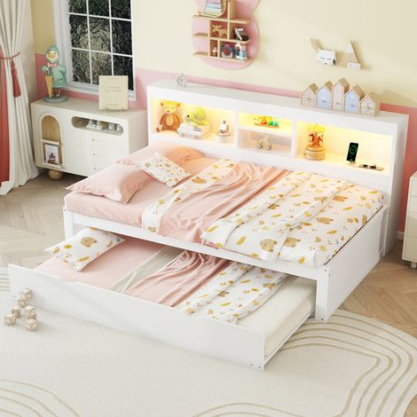 Sofá cama 90x200cm Extraíble Iluminación Ambiental Enchufe USB Tablero de partículas y MDF color blanco (Sin colchón) (1/5)