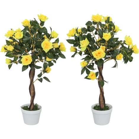 Set of 2 Artificial Plants White Rose Floral in Pot, Fake Plants for Home Indoor Decor, 90cm, Yellow (1/5)