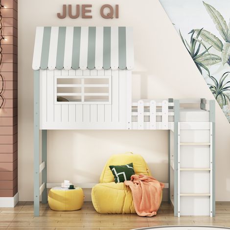 Lit Maisonnette 90x200 cm en Pin Massif - Toit Coloré - Barrières de Sécurité 30 cm - Espace de Jeux et Rangement Sous-Lit  -  Vert (1/5)