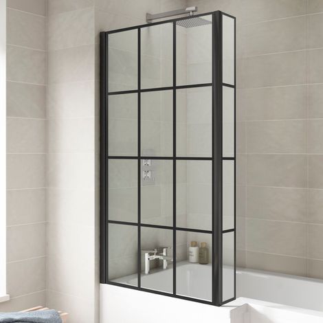 Bath Shower Screen Door Hinged 800mm Black Grid Square 6mm Glass Return Panel (1/3)