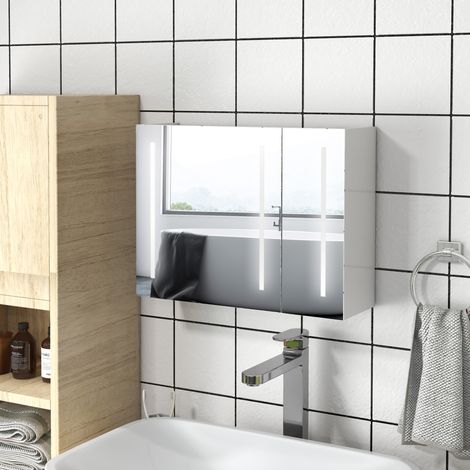Armoire de toilette avec miroir et éclairage. Meuble de rangement avec port USB pour recharger votre appareil. Étagère réglable. 90 x 15 x 70 cm. Blanc.