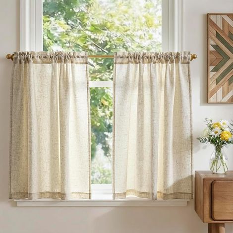 2 Panneaux Rideau Cuisine, 65x90cm, Beige, Passe Tringle, Pour Fenêtre Placard