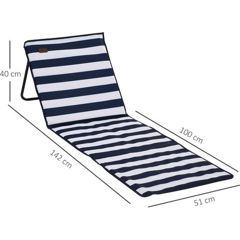 Transat de plage pliable avec dossier réglable, poche latérale, rembourrage moelleux, structure en acier, bleu et blanc, 142 x 51 x 40 cm (1/5)
