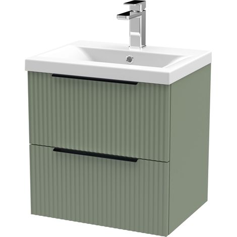 Fluted Front Wall Hung 2-Drawer Bathroom Vanity Unit and Mid-Edge Basin, 500mm, Satin Green, Black Handles