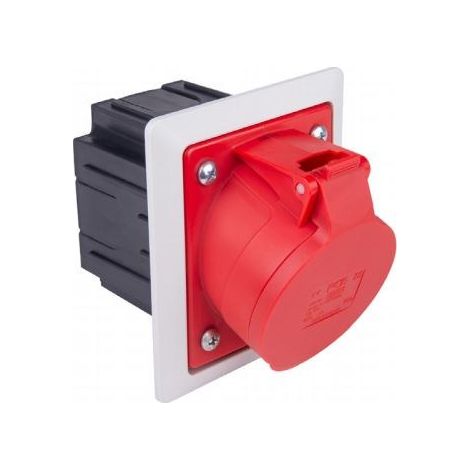 Enchufe de panel inclinado rojo de 32 A y 5 polos con caja y marco de montaje empotrado. (1/2)