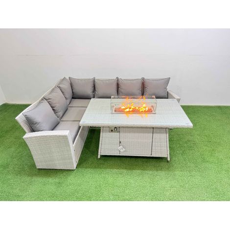Fimous 6 Seat Rattan Garden Furniture Corner Sofa Set Outdoor Gas Fire Pit Table Sets Light Grey (1/5)