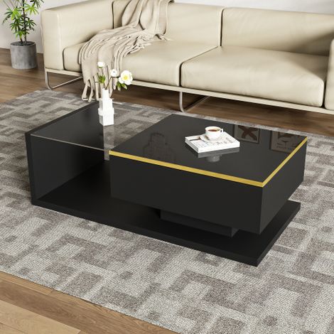 Table basse longue : Finition noire haute brillance  une table d'appoint/table basse intégrant des éléments en verre et des effets d'éclairage LED.