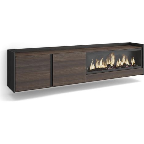 Skraut Home - Mobile TV Soggiorno, Ampio spazio a disposizione, 212x35x50cm, Per TV fino a 80", Camino elettrico XXL, Sospeso, da appendere, Stile moderno, Rovere scuro e Nero (1/5)