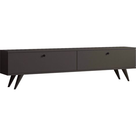 Oviala – Meuble TV 160 cm mélaminé gris – Compartiments pour rangement câbles – Design moderne et épuré – Pieds en plastique pour stabilité